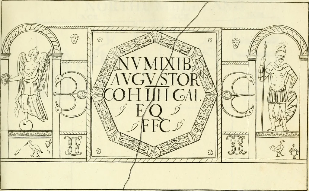 An illustration from Britannia romana: : or, The Roman antiquities of Britain: in three books. I. History of all the Roman transactions in Britain, also description of the Roman walls. II. Collection of the Roman inscriptions and sculptures discovered in Britain. III. The Roman geography of Britain, in which are given the originals of Ptolemy, Antonini Itinerarium, the Notitia, the anonymous Ravennas and Peutinger's table, so far as they relate to this island. To which are added a chronological table, and indexes to the inscriptions and sculptures. Also geographical indexes both of the Latin and English names of the Roman places in Britain, and a general index to the work, 1732, leaf 402