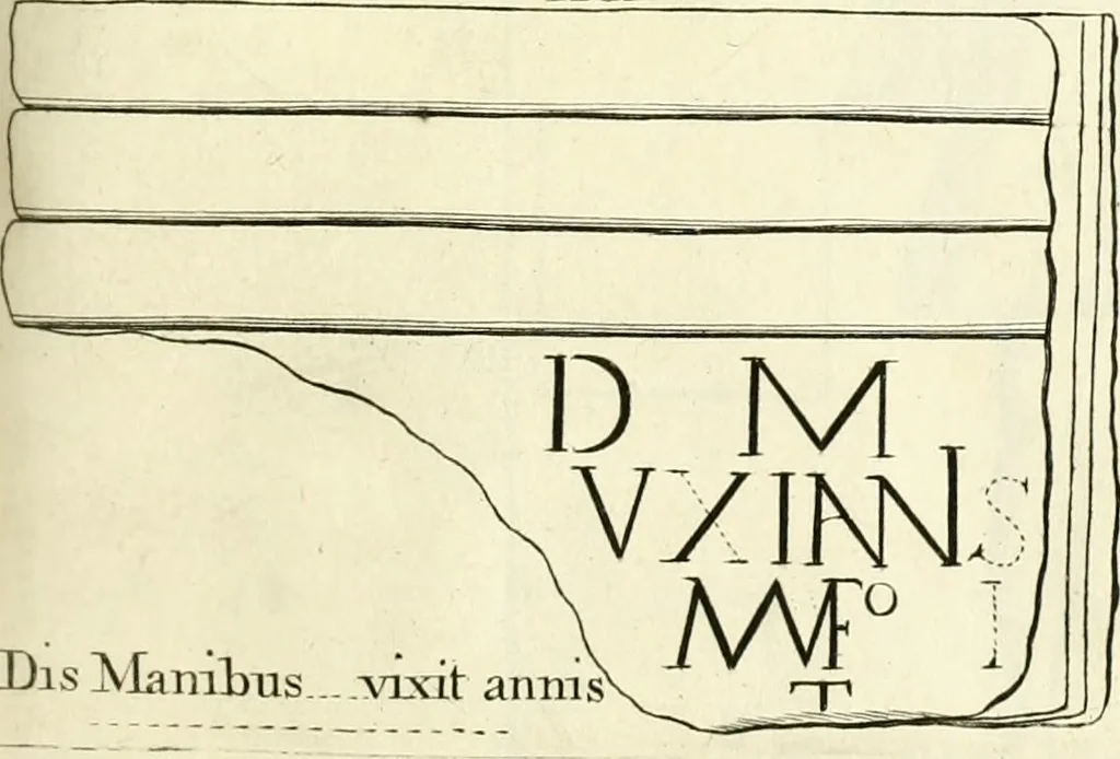 An illustration from Britannia romana: : or, The Roman antiquities of Britain: in three books. I. History of all the Roman transactions in Britain, also description of the Roman walls. II. Collection of the Roman inscriptions and sculptures discovered in Britain. III. The Roman geography of Britain, in which are given the originals of Ptolemy, Antonini Itinerarium, the Notitia, the anonymous Ravennas and Peutinger's table, so far as they relate to this island. To which are added a chronological table, and indexes to the inscriptions and sculptures. Also geographical indexes both of the Latin and English names of the Roman places in Britain, and a general index to the work, 1732, leaf 402