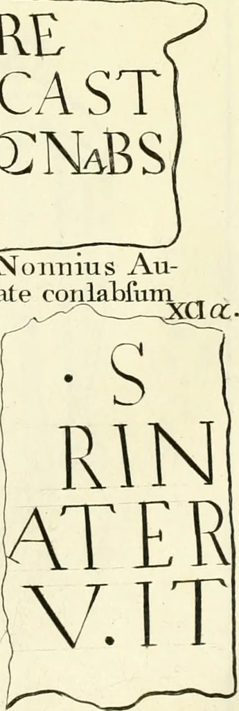 An illustration from Britannia romana: : or, The Roman antiquities of Britain: in three books. I. History of all the Roman transactions in Britain, also description of the Roman walls. II. Collection of the Roman inscriptions and sculptures discovered in Britain. III. The Roman geography of Britain, in which are given the originals of Ptolemy, Antonini Itinerarium, the Notitia, the anonymous Ravennas and Peutinger's table, so far as they relate to this island. To which are added a chronological table, and indexes to the inscriptions and sculptures. Also geographical indexes both of the Latin and English names of the Roman places in Britain, and a general index to the work, 1732, leaf 402