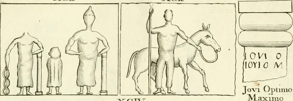 An illustration from Britannia romana: : or, The Roman antiquities of Britain: in three books. I. History of all the Roman transactions in Britain, also description of the Roman walls. II. Collection of the Roman inscriptions and sculptures discovered in Britain. III. The Roman geography of Britain, in which are given the originals of Ptolemy, Antonini Itinerarium, the Notitia, the anonymous Ravennas and Peutinger's table, so far as they relate to this island. To which are added a chronological table, and indexes to the inscriptions and sculptures. Also geographical indexes both of the Latin and English names of the Roman places in Britain, and a general index to the work, 1732, leaf 404