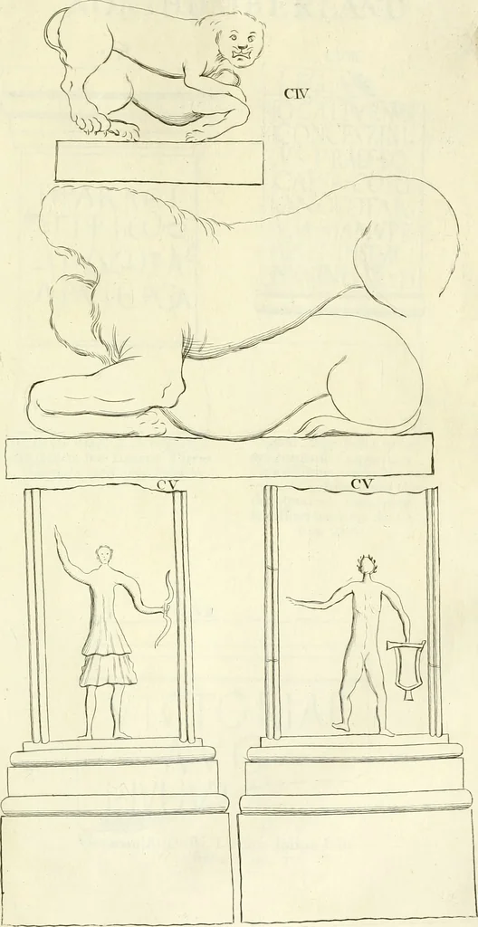 An illustration from Britannia romana: : or, The Roman antiquities of Britain: in three books. I. History of all the Roman transactions in Britain, also description of the Roman walls. II. Collection of the Roman inscriptions and sculptures discovered in Britain. III. The Roman geography of Britain, in which are given the originals of Ptolemy, Antonini Itinerarium, the Notitia, the anonymous Ravennas and Peutinger's table, so far as they relate to this island. To which are added a chronological table, and indexes to the inscriptions and sculptures. Also geographical indexes both of the Latin and English names of the Roman places in Britain, and a general index to the work, 1732, leaf 412