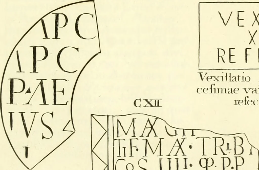 An illustration from Britannia romana: : or, The Roman antiquities of Britain: in three books. I. History of all the Roman transactions in Britain, also description of the Roman walls. II. Collection of the Roman inscriptions and sculptures discovered in Britain. III. The Roman geography of Britain, in which are given the originals of Ptolemy, Antonini Itinerarium, the Notitia, the anonymous Ravennas and Peutinger's table, so far as they relate to this island. To which are added a chronological table, and indexes to the inscriptions and sculptures. Also geographical indexes both of the Latin and English names of the Roman places in Britain, and a general index to the work, 1732, leaf 418