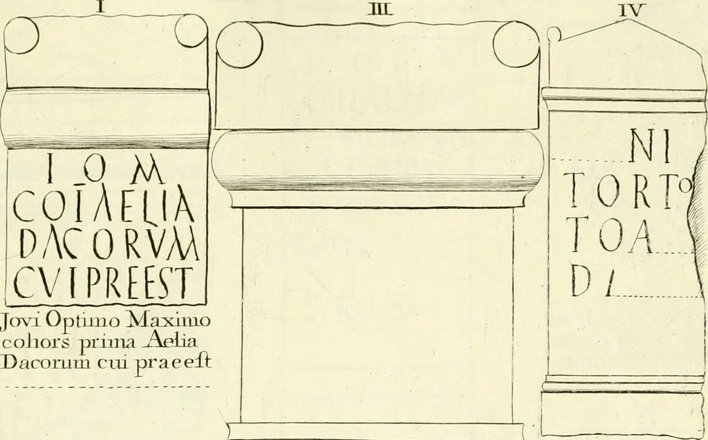 An illustration from Britannia romana: : or, The Roman antiquities of Britain: in three books. I. History of all the Roman transactions in Britain, also description of the Roman walls. II. Collection of the Roman inscriptions and sculptures discovered in Britain. III. The Roman geography of Britain, in which are given the originals of Ptolemy, Antonini Itinerarium, the Notitia, the anonymous Ravennas and Peutinger's table, so far as they relate to this island. To which are added a chronological table, and indexes to the inscriptions and sculptures. Also geographical indexes both of the Latin and English names of the Roman places in Britain, and a general index to the work, 1732, leaf 424