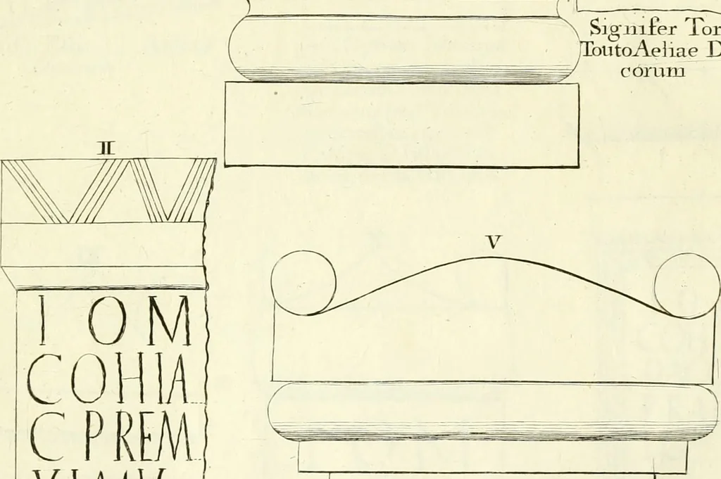 An illustration from Britannia romana: : or, The Roman antiquities of Britain: in three books. I. History of all the Roman transactions in Britain, also description of the Roman walls. II. Collection of the Roman inscriptions and sculptures discovered in Britain. III. The Roman geography of Britain, in which are given the originals of Ptolemy, Antonini Itinerarium, the Notitia, the anonymous Ravennas and Peutinger's table, so far as they relate to this island. To which are added a chronological table, and indexes to the inscriptions and sculptures. Also geographical indexes both of the Latin and English names of the Roman places in Britain, and a general index to the work, 1732, leaf 424