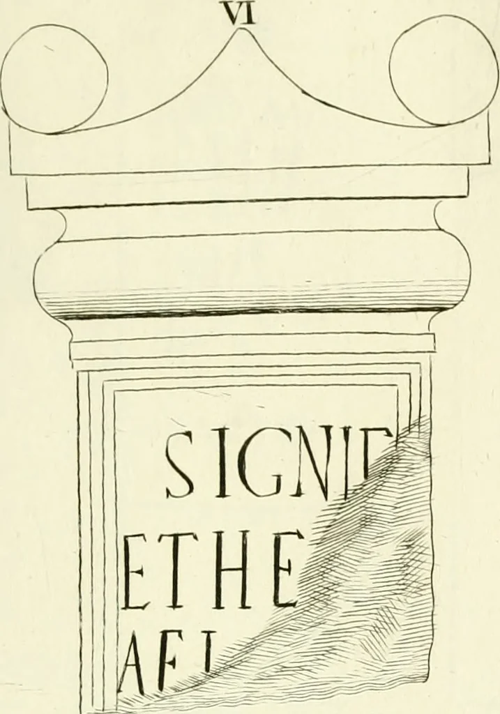 An illustration from Britannia romana: : or, The Roman antiquities of Britain: in three books. I. History of all the Roman transactions in Britain, also description of the Roman walls. II. Collection of the Roman inscriptions and sculptures discovered in Britain. III. The Roman geography of Britain, in which are given the originals of Ptolemy, Antonini Itinerarium, the Notitia, the anonymous Ravennas and Peutinger's table, so far as they relate to this island. To which are added a chronological table, and indexes to the inscriptions and sculptures. Also geographical indexes both of the Latin and English names of the Roman places in Britain, and a general index to the work, 1732, leaf 426