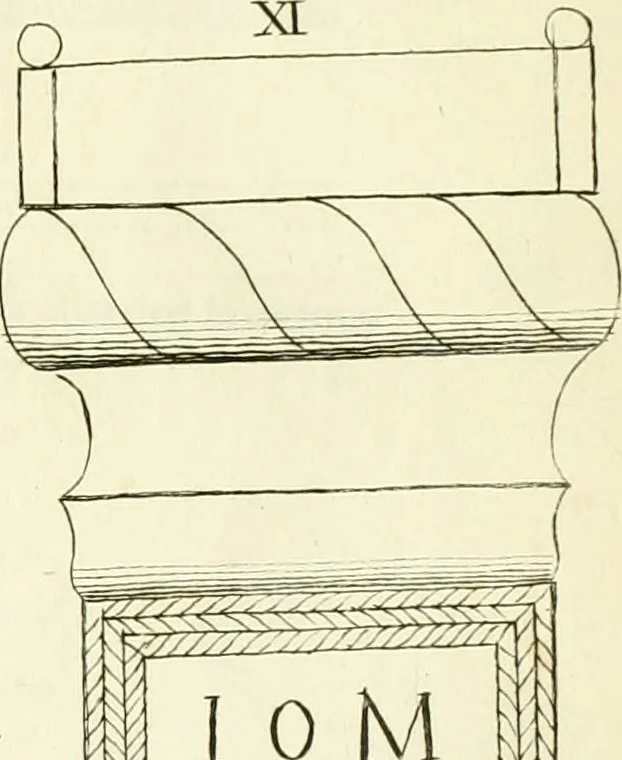 An illustration from Britannia romana: : or, The Roman antiquities of Britain: in three books. I. History of all the Roman transactions in Britain, also description of the Roman walls. II. Collection of the Roman inscriptions and sculptures discovered in Britain. III. The Roman geography of Britain, in which are given the originals of Ptolemy, Antonini Itinerarium, the Notitia, the anonymous Ravennas and Peutinger's table, so far as they relate to this island. To which are added a chronological table, and indexes to the inscriptions and sculptures. Also geographical indexes both of the Latin and English names of the Roman places in Britain, and a general index to the work, 1732, leaf 426
