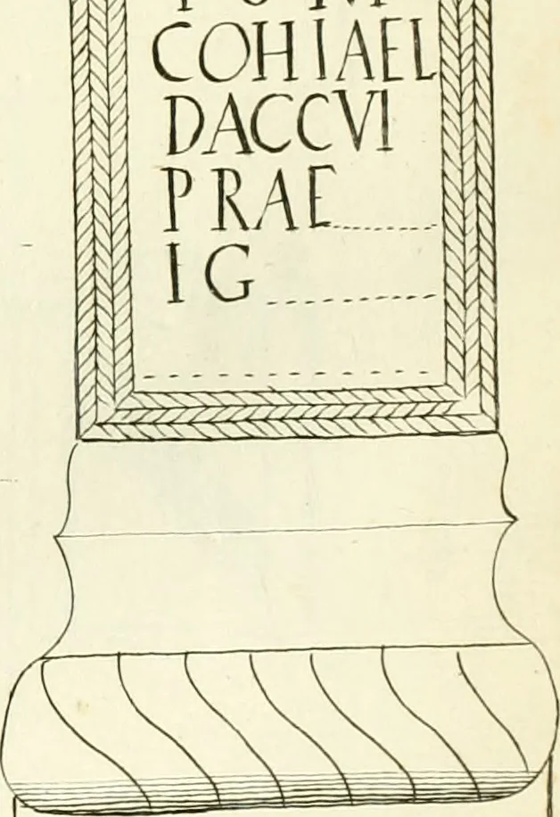 An illustration from Britannia romana: : or, The Roman antiquities of Britain: in three books. I. History of all the Roman transactions in Britain, also description of the Roman walls. II. Collection of the Roman inscriptions and sculptures discovered in Britain. III. The Roman geography of Britain, in which are given the originals of Ptolemy, Antonini Itinerarium, the Notitia, the anonymous Ravennas and Peutinger's table, so far as they relate to this island. To which are added a chronological table, and indexes to the inscriptions and sculptures. Also geographical indexes both of the Latin and English names of the Roman places in Britain, and a general index to the work, 1732, leaf 426