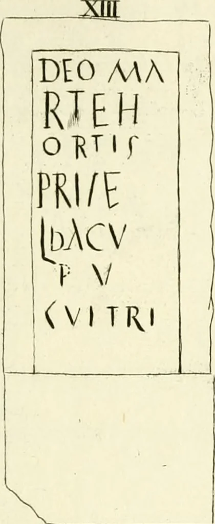An illustration from Britannia romana: : or, The Roman antiquities of Britain: in three books. I. History of all the Roman transactions in Britain, also description of the Roman walls. II. Collection of the Roman inscriptions and sculptures discovered in Britain. III. The Roman geography of Britain, in which are given the originals of Ptolemy, Antonini Itinerarium, the Notitia, the anonymous Ravennas and Peutinger's table, so far as they relate to this island. To which are added a chronological table, and indexes to the inscriptions and sculptures. Also geographical indexes both of the Latin and English names of the Roman places in Britain, and a general index to the work, 1732, leaf 428