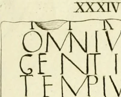 An illustration from Britannia romana: : or, The Roman antiquities of Britain: in three books. I. History of all the Roman transactions in Britain, also description of the Roman walls. II. Collection of the Roman inscriptions and sculptures discovered in Britain. III. The Roman geography of Britain, in which are given the originals of Ptolemy, Antonini Itinerarium, the Notitia, the anonymous Ravennas and Peutinger's table, so far as they relate to this island. To which are added a chronological table, and indexes to the inscriptions and sculptures. Also geographical indexes both of the Latin and English names of the Roman places in Britain, and a general index to the work, 1732, leaf 438