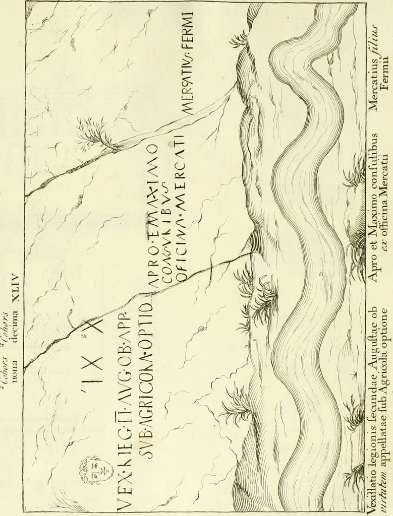 An illustration from Britannia romana: : or, The Roman antiquities of Britain: in three books. I. History of all the Roman transactions in Britain, also description of the Roman walls. II. Collection of the Roman inscriptions and sculptures discovered in Britain. III. The Roman geography of Britain, in which are given the originals of Ptolemy, Antonini Itinerarium, the Notitia, the anonymous Ravennas and Peutinger's table, so far as they relate to this island. To which are added a chronological table, and indexes to the inscriptions and sculptures. Also geographical indexes both of the Latin and English names of the Roman places in Britain, and a general index to the work, 1732, leaf 442