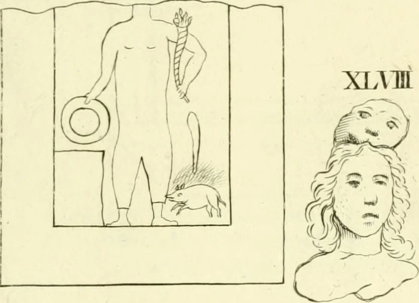 An illustration from Britannia romana: : or, The Roman antiquities of Britain: in three books. I. History of all the Roman transactions in Britain, also description of the Roman walls. II. Collection of the Roman inscriptions and sculptures discovered in Britain. III. The Roman geography of Britain, in which are given the originals of Ptolemy, Antonini Itinerarium, the Notitia, the anonymous Ravennas and Peutinger's table, so far as they relate to this island. To which are added a chronological table, and indexes to the inscriptions and sculptures. Also geographical indexes both of the Latin and English names of the Roman places in Britain, and a general index to the work, 1732, leaf 444