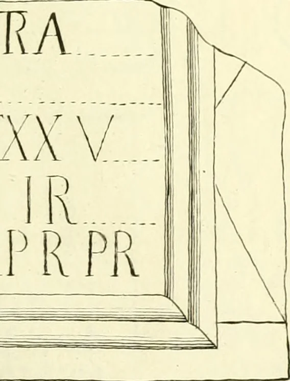 An illustration from Britannia romana: : or, The Roman antiquities of Britain: in three books. I. History of all the Roman transactions in Britain, also description of the Roman walls. II. Collection of the Roman inscriptions and sculptures discovered in Britain. III. The Roman geography of Britain, in which are given the originals of Ptolemy, Antonini Itinerarium, the Notitia, the anonymous Ravennas and Peutinger's table, so far as they relate to this island. To which are added a chronological table, and indexes to the inscriptions and sculptures. Also geographical indexes both of the Latin and English names of the Roman places in Britain, and a general index to the work, 1732, leaf 444