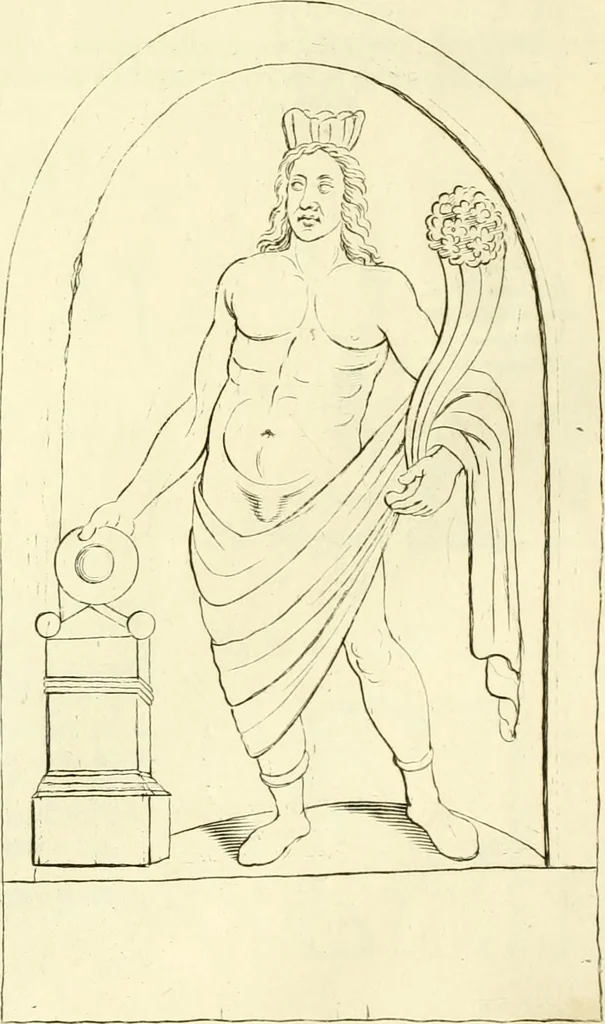 An illustration from Britannia romana: : or, The Roman antiquities of Britain: in three books. I. History of all the Roman transactions in Britain, also description of the Roman walls. II. Collection of the Roman inscriptions and sculptures discovered in Britain. III. The Roman geography of Britain, in which are given the originals of Ptolemy, Antonini Itinerarium, the Notitia, the anonymous Ravennas and Peutinger's table, so far as they relate to this island. To which are added a chronological table, and indexes to the inscriptions and sculptures. Also geographical indexes both of the Latin and English names of the Roman places in Britain, and a general index to the work, 1732, leaf 444
