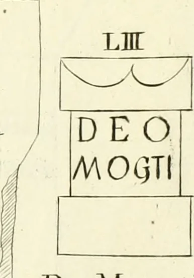 An illustration from Britannia romana: : or, The Roman antiquities of Britain: in three books. I. History of all the Roman transactions in Britain, also description of the Roman walls. II. Collection of the Roman inscriptions and sculptures discovered in Britain. III. The Roman geography of Britain, in which are given the originals of Ptolemy, Antonini Itinerarium, the Notitia, the anonymous Ravennas and Peutinger's table, so far as they relate to this island. To which are added a chronological table, and indexes to the inscriptions and sculptures. Also geographical indexes both of the Latin and English names of the Roman places in Britain, and a general index to the work, 1732, leaf 446