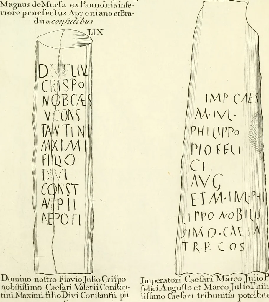 An illustration from Britannia romana: : or, The Roman antiquities of Britain: in three books. I. History of all the Roman transactions in Britain, also description of the Roman walls. II. Collection of the Roman inscriptions and sculptures discovered in Britain. III. The Roman geography of Britain, in which are given the originals of Ptolemy, Antonini Itinerarium, the Notitia, the anonymous Ravennas and Peutinger's table, so far as they relate to this island. To which are added a chronological table, and indexes to the inscriptions and sculptures. Also geographical indexes both of the Latin and English names of the Roman places in Britain, and a general index to the work, 1732, leaf 450