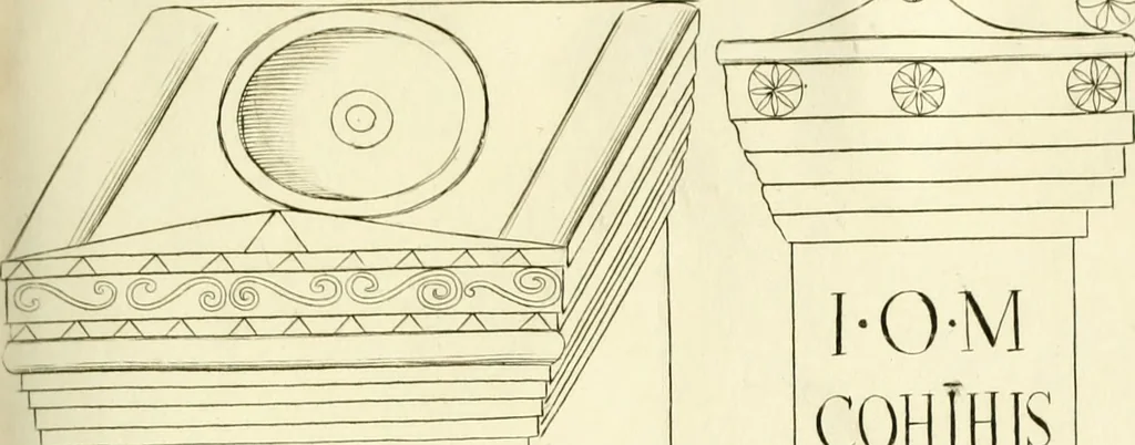 An illustration from Britannia romana: : or, The Roman antiquities of Britain: in three books. I. History of all the Roman transactions in Britain, also description of the Roman walls. II. Collection of the Roman inscriptions and sculptures discovered in Britain. III. The Roman geography of Britain, in which are given the originals of Ptolemy, Antonini Itinerarium, the Notitia, the anonymous Ravennas and Peutinger's table, so far as they relate to this island. To which are added a chronological table, and indexes to the inscriptions and sculptures. Also geographical indexes both of the Latin and English names of the Roman places in Britain, and a general index to the work, 1732, leaf 454
