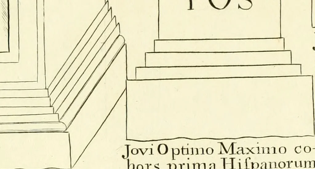 An illustration from Britannia romana: : or, The Roman antiquities of Britain: in three books. I. History of all the Roman transactions in Britain, also description of the Roman walls. II. Collection of the Roman inscriptions and sculptures discovered in Britain. III. The Roman geography of Britain, in which are given the originals of Ptolemy, Antonini Itinerarium, the Notitia, the anonymous Ravennas and Peutinger's table, so far as they relate to this island. To which are added a chronological table, and indexes to the inscriptions and sculptures. Also geographical indexes both of the Latin and English names of the Roman places in Britain, and a general index to the work, 1732, leaf 454