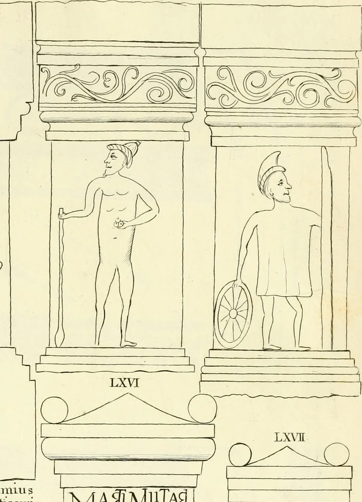 An illustration from Britannia romana: : or, The Roman antiquities of Britain: in three books. I. History of all the Roman transactions in Britain, also description of the Roman walls. II. Collection of the Roman inscriptions and sculptures discovered in Britain. III. The Roman geography of Britain, in which are given the originals of Ptolemy, Antonini Itinerarium, the Notitia, the anonymous Ravennas and Peutinger's table, so far as they relate to this island. To which are added a chronological table, and indexes to the inscriptions and sculptures. Also geographical indexes both of the Latin and English names of the Roman places in Britain, and a general index to the work, 1732, leaf 458