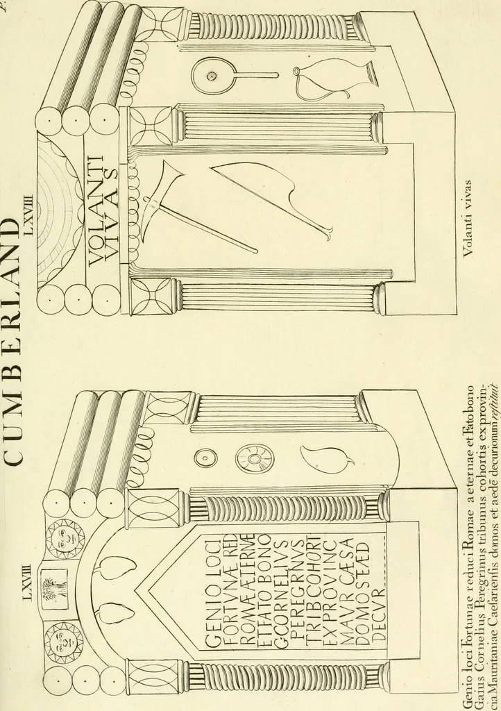 An illustration from Britannia romana: : or, The Roman antiquities of Britain: in three books. I. History of all the Roman transactions in Britain, also description of the Roman walls. II. Collection of the Roman inscriptions and sculptures discovered in Britain. III. The Roman geography of Britain, in which are given the originals of Ptolemy, Antonini Itinerarium, the Notitia, the anonymous Ravennas and Peutinger's table, so far as they relate to this island. To which are added a chronological table, and indexes to the inscriptions and sculptures. Also geographical indexes both of the Latin and English names of the Roman places in Britain, and a general index to the work, 1732, leaf 460