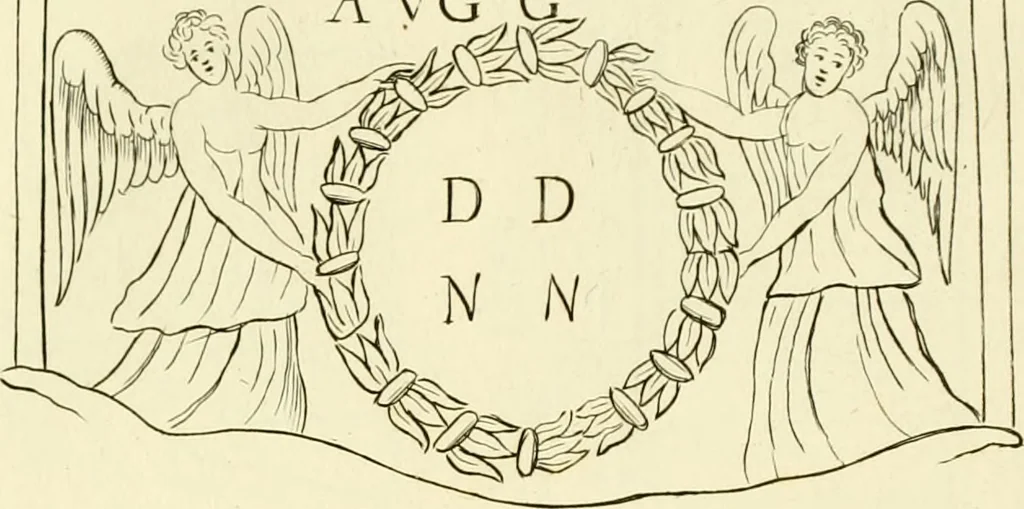 An illustration from Britannia romana: : or, The Roman antiquities of Britain: in three books. I. History of all the Roman transactions in Britain, also description of the Roman walls. II. Collection of the Roman inscriptions and sculptures discovered in Britain. III. The Roman geography of Britain, in which are given the originals of Ptolemy, Antonini Itinerarium, the Notitia, the anonymous Ravennas and Peutinger's table, so far as they relate to this island. To which are added a chronological table, and indexes to the inscriptions and sculptures. Also geographical indexes both of the Latin and English names of the Roman places in Britain, and a general index to the work, 1732, leaf 464