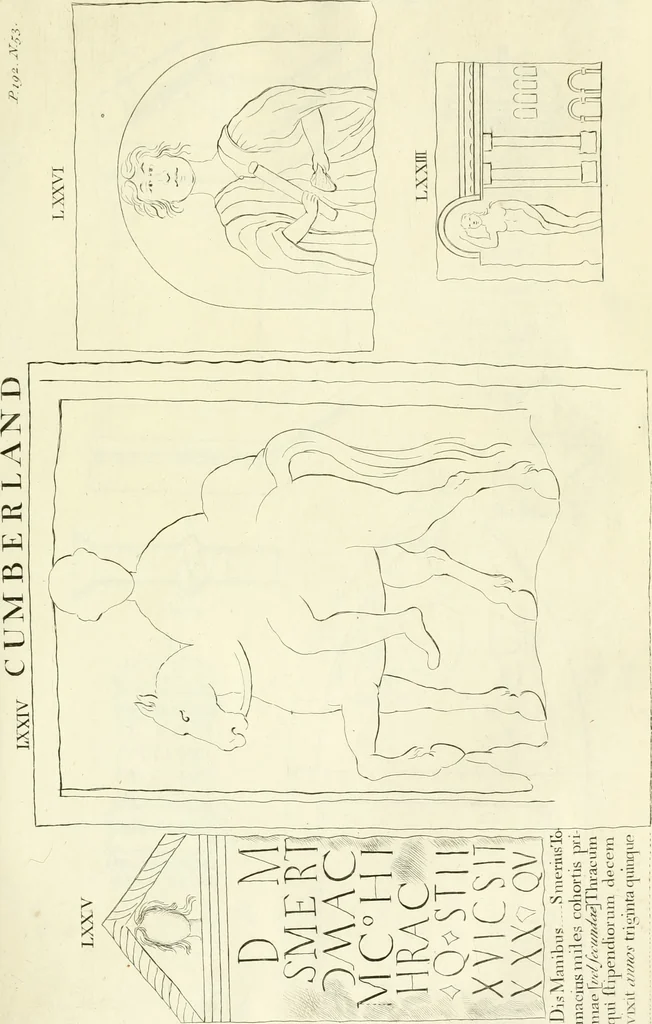 An illustration from Britannia romana: : or, The Roman antiquities of Britain: in three books. I. History of all the Roman transactions in Britain, also description of the Roman walls. II. Collection of the Roman inscriptions and sculptures discovered in Britain. III. The Roman geography of Britain, in which are given the originals of Ptolemy, Antonini Itinerarium, the Notitia, the anonymous Ravennas and Peutinger's table, so far as they relate to this island. To which are added a chronological table, and indexes to the inscriptions and sculptures. Also geographical indexes both of the Latin and English names of the Roman places in Britain, and a general index to the work, 1732, leaf 466