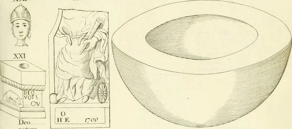 An illustration from Britannia romana: : or, The Roman antiquities of Britain: in three books. I. History of all the Roman transactions in Britain, also description of the Roman walls. II. Collection of the Roman inscriptions and sculptures discovered in Britain. III. The Roman geography of Britain, in which are given the originals of Ptolemy, Antonini Itinerarium, the Notitia, the anonymous Ravennas and Peutinger's table, so far as they relate to this island. To which are added a chronological table, and indexes to the inscriptions and sculptures. Also geographical indexes both of the Latin and English names of the Roman places in Britain, and a general index to the work, 1732, leaf 476