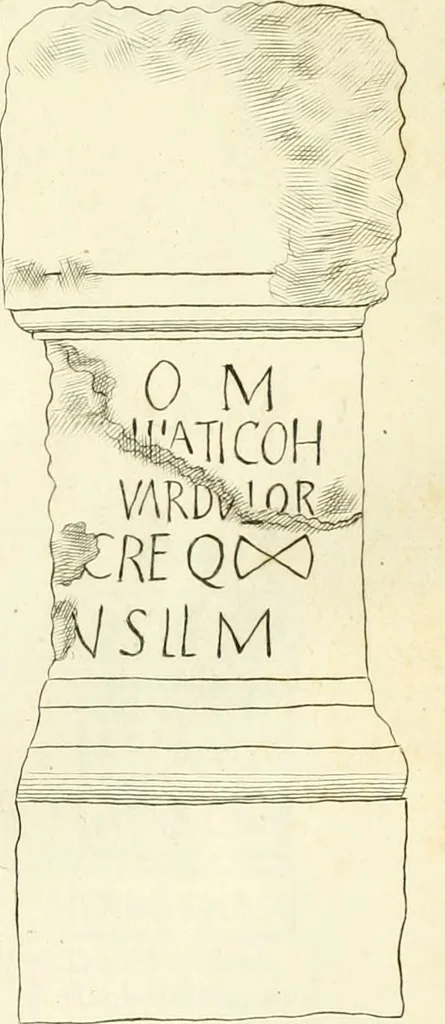 An illustration from Britannia romana: : or, The Roman antiquities of Britain: in three books. I. History of all the Roman transactions in Britain, also description of the Roman walls. II. Collection of the Roman inscriptions and sculptures discovered in Britain. III. The Roman geography of Britain, in which are given the originals of Ptolemy, Antonini Itinerarium, the Notitia, the anonymous Ravennas and Peutinger's table, so far as they relate to this island. To which are added a chronological table, and indexes to the inscriptions and sculptures. Also geographical indexes both of the Latin and English names of the Roman places in Britain, and a general index to the work, 1732, leaf 476