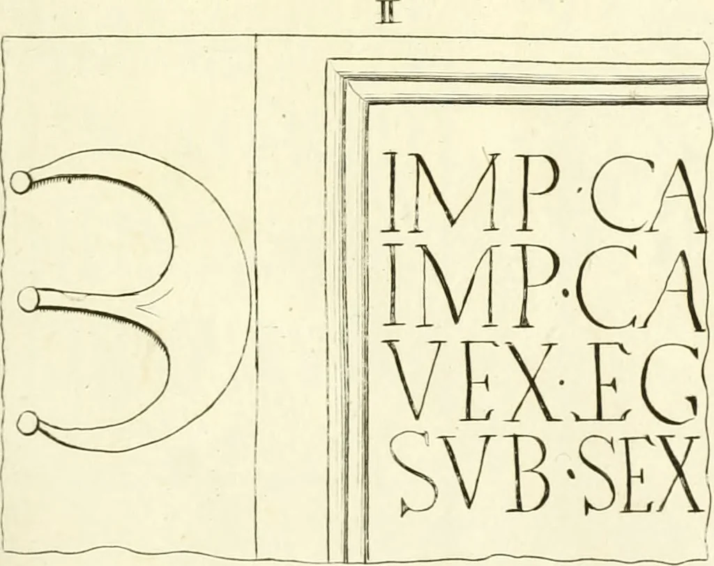 An illustration from Britannia romana: : or, The Roman antiquities of Britain: in three books. I. History of all the Roman transactions in Britain, also description of the Roman walls. II. Collection of the Roman inscriptions and sculptures discovered in Britain. III. The Roman geography of Britain, in which are given the originals of Ptolemy, Antonini Itinerarium, the Notitia, the anonymous Ravennas and Peutinger's table, so far as they relate to this island. To which are added a chronological table, and indexes to the inscriptions and sculptures. Also geographical indexes both of the Latin and English names of the Roman places in Britain, and a general index to the work, 1732, leaf 488