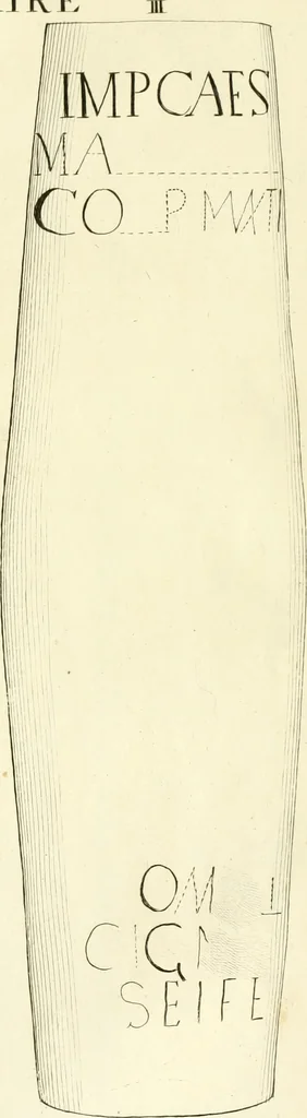 An illustration from Britannia romana: : or, The Roman antiquities of Britain: in three books. I. History of all the Roman transactions in Britain, also description of the Roman walls. II. Collection of the Roman inscriptions and sculptures discovered in Britain. III. The Roman geography of Britain, in which are given the originals of Ptolemy, Antonini Itinerarium, the Notitia, the anonymous Ravennas and Peutinger's table, so far as they relate to this island. To which are added a chronological table, and indexes to the inscriptions and sculptures. Also geographical indexes both of the Latin and English names of the Roman places in Britain, and a general index to the work, 1732, leaf 488