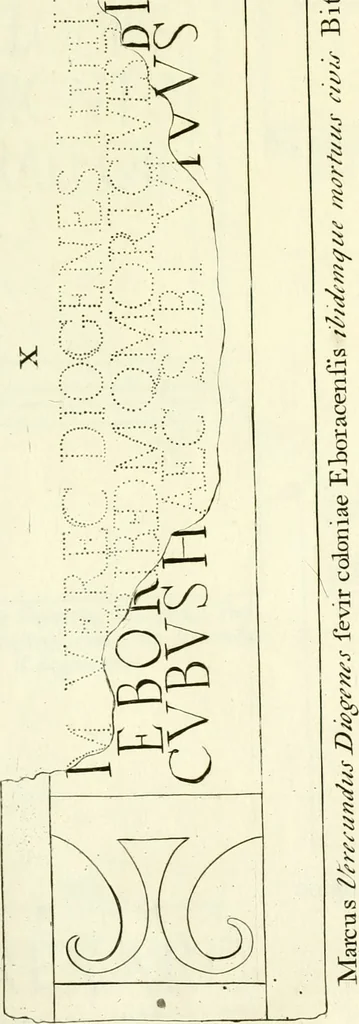 An illustration from Britannia romana: : or, The Roman antiquities of Britain: in three books. I. History of all the Roman transactions in Britain, also description of the Roman walls. II. Collection of the Roman inscriptions and sculptures discovered in Britain. III. The Roman geography of Britain, in which are given the originals of Ptolemy, Antonini Itinerarium, the Notitia, the anonymous Ravennas and Peutinger's table, so far as they relate to this island. To which are added a chronological table, and indexes to the inscriptions and sculptures. Also geographical indexes both of the Latin and English names of the Roman places in Britain, and a general index to the work, 1732, leaf 496