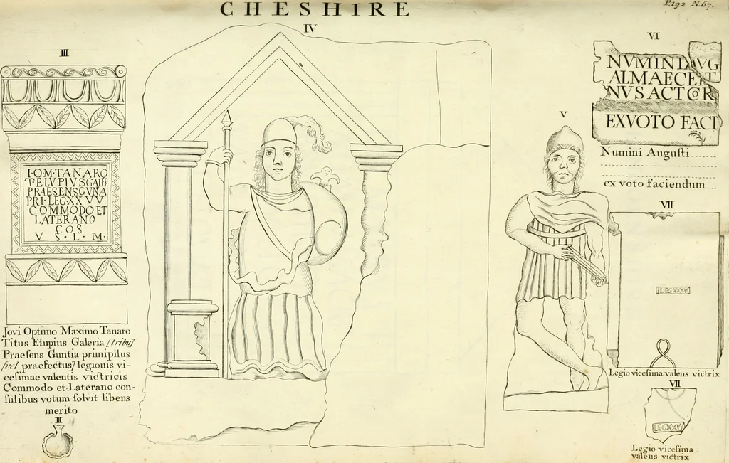 An illustration from Britannia romana: : or, The Roman antiquities of Britain: in three books. I. History of all the Roman transactions in Britain, also description of the Roman walls. II. Collection of the Roman inscriptions and sculptures discovered in Britain. III. The Roman geography of Britain, in which are given the originals of Ptolemy, Antonini Itinerarium, the Notitia, the anonymous Ravennas and Peutinger's table, so far as they relate to this island. To which are added a chronological table, and indexes to the inscriptions and sculptures. Also geographical indexes both of the Latin and English names of the Roman places in Britain, and a general index to the work, 1732, leaf 506