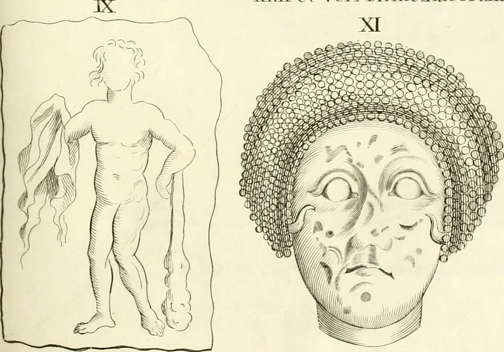 An illustration from Britannia romana: : or, The Roman antiquities of Britain: in three books. I. History of all the Roman transactions in Britain, also description of the Roman walls. II. Collection of the Roman inscriptions and sculptures discovered in Britain. III. The Roman geography of Britain, in which are given the originals of Ptolemy, Antonini Itinerarium, the Notitia, the anonymous Ravennas and Peutinger's table, so far as they relate to this island. To which are added a chronological table, and indexes to the inscriptions and sculptures. Also geographical indexes both of the Latin and English names of the Roman places in Britain, and a general index to the work, 1732, leaf 522