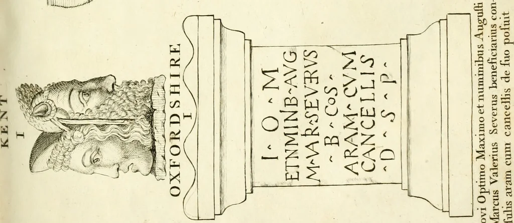 An illustration from Britannia romana: : or, The Roman antiquities of Britain: in three books. I. History of all the Roman transactions in Britain, also description of the Roman walls. II. Collection of the Roman inscriptions and sculptures discovered in Britain. III. The Roman geography of Britain, in which are given the originals of Ptolemy, Antonini Itinerarium, the Notitia, the anonymous Ravennas and Peutinger's table, so far as they relate to this island. To which are added a chronological table, and indexes to the inscriptions and sculptures. Also geographical indexes both of the Latin and English names of the Roman places in Britain, and a general index to the work, 1732, leaf 530