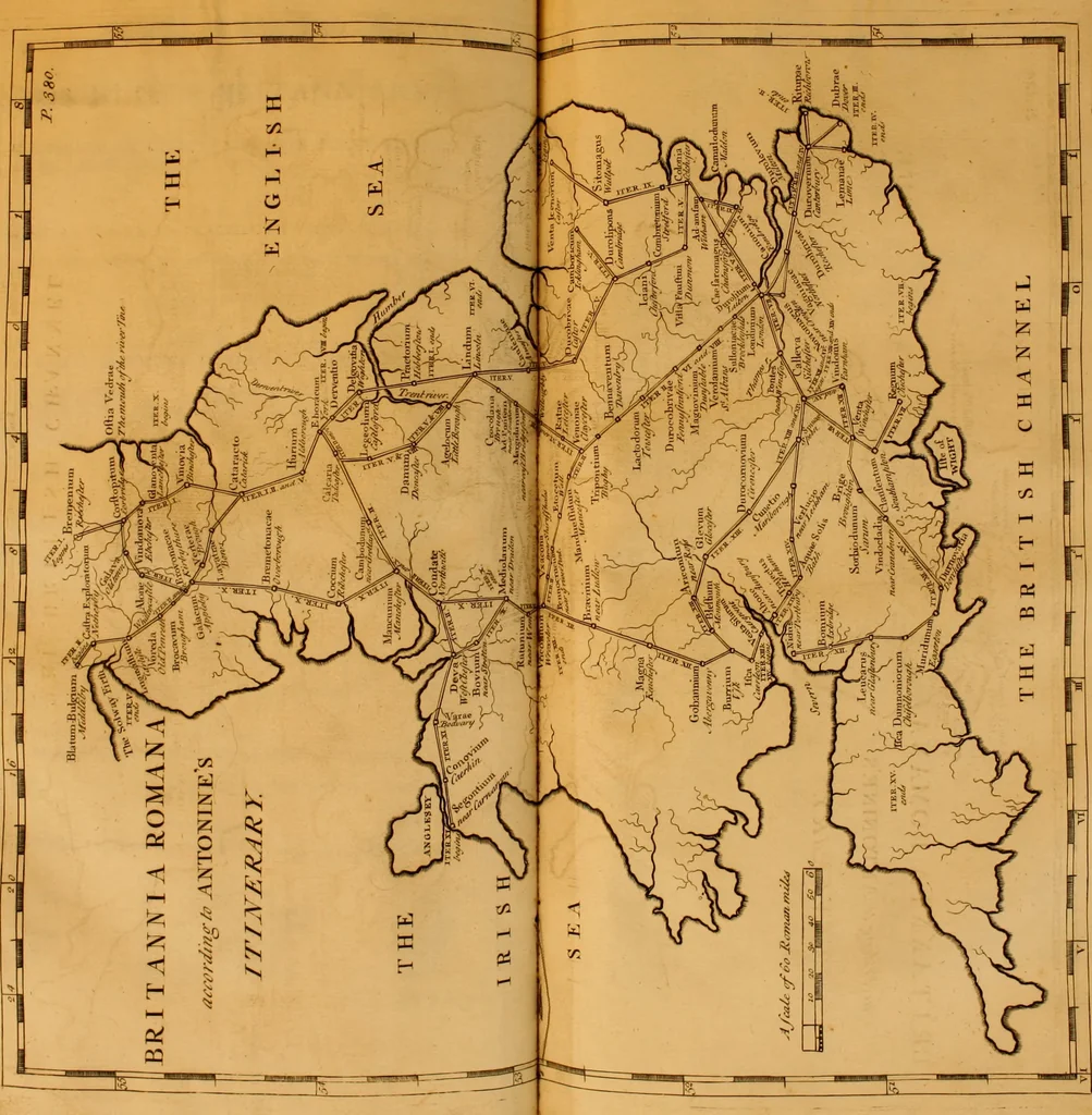 An illustration from Britannia romana: : or, The Roman antiquities of Britain: in three books. I. History of all the Roman transactions in Britain, also description of the Roman walls. II. Collection of the Roman inscriptions and sculptures discovered in Britain. III. The Roman geography of Britain, in which are given the originals of Ptolemy, Antonini Itinerarium, the Notitia, the anonymous Ravennas and Peutinger's table, so far as they relate to this island. To which are added a chronological table, and indexes to the inscriptions and sculptures. Also geographical indexes both of the Latin and English names of the Roman places in Britain, and a general index to the work, 1732, leaf 734