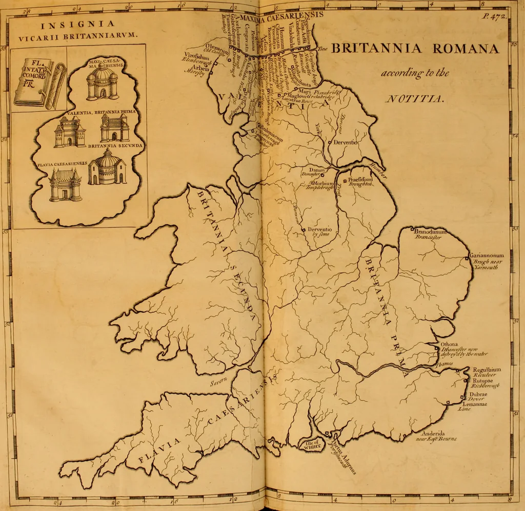 An illustration from Britannia romana: : or, The Roman antiquities of Britain: in three books. I. History of all the Roman transactions in Britain, also description of the Roman walls. II. Collection of the Roman inscriptions and sculptures discovered in Britain. III. The Roman geography of Britain, in which are given the originals of Ptolemy, Antonini Itinerarium, the Notitia, the anonymous Ravennas and Peutinger's table, so far as they relate to this island. To which are added a chronological table, and indexes to the inscriptions and sculptures. Also geographical indexes both of the Latin and English names of the Roman places in Britain, and a general index to the work, 1732, leaf 832