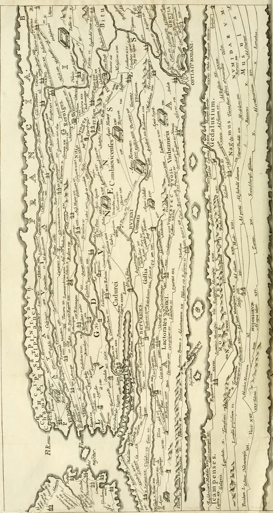 An illustration from Britannia romana: : or, The Roman antiquities of Britain: in three books. I. History of all the Roman transactions in Britain, also description of the Roman walls. II. Collection of the Roman inscriptions and sculptures discovered in Britain. III. The Roman geography of Britain, in which are given the originals of Ptolemy, Antonini Itinerarium, the Notitia, the anonymous Ravennas and Peutinger's table, so far as they relate to this island. To which are added a chronological table, and indexes to the inscriptions and sculptures. Also geographical indexes both of the Latin and English names of the Roman places in Britain, and a general index to the work, 1732, leaf 867