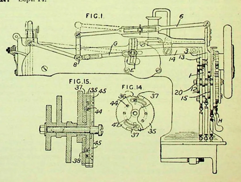 An illustration from British Patent Office - Abridgments Class 112, Sewing and Embroidering 1897-1900, 1903, leaf 56