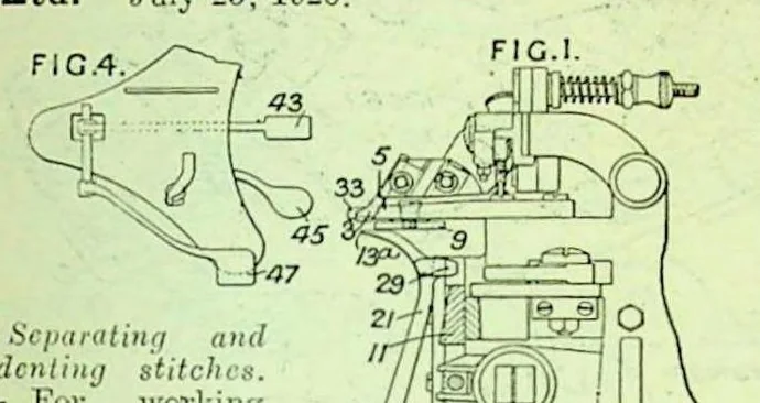 An illustration from British Patent Office - Abridgments Class 112 Sewing Embroidering 1921-1925, 1929, leaf 64