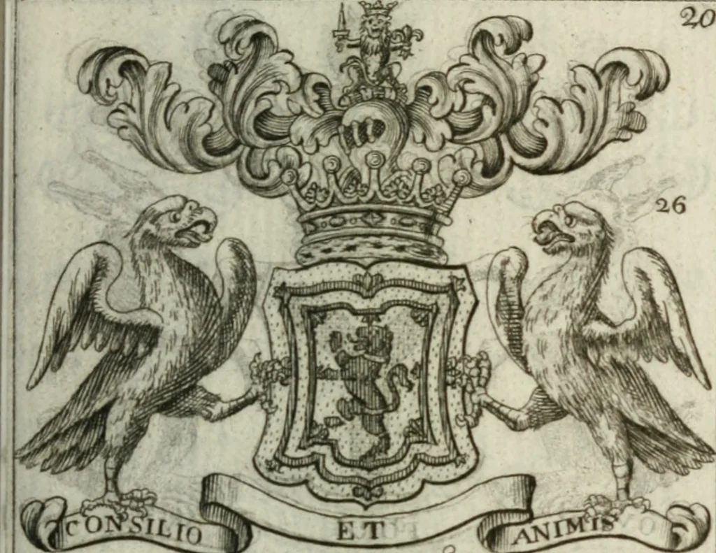 An illustration from The British compendium; or, Rudiments of honour: Containing the origin of the Scots, and succession of their kings for above 2000 years;, 1741, leaf 28