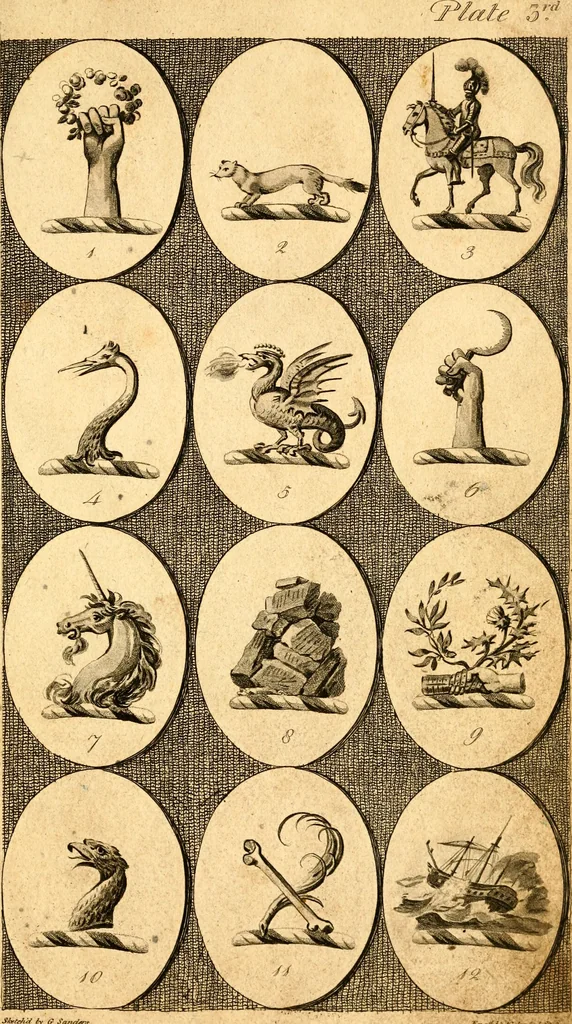 An illustration from British crests : containing the crests and mottos of the families of Great Britain and Ireland; together with those of the principal cities; and a glossary of heraldic terms, 1817, leaf 12