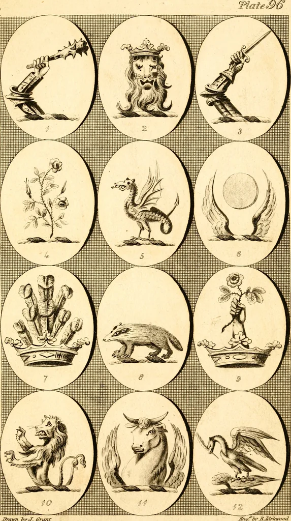 An illustration from British crests : containing the crests and mottos of the families of Great Britain and Ireland; together with those of the principal cities; and a glossary of heraldic terms, 1817, leaf 198