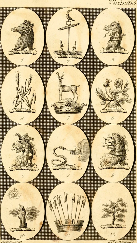 An illustration from British crests : containing the crests and mottos of the families of Great Britain and Ireland; together with those of the principal cities; and a glossary of heraldic terms, 1817, leaf 216