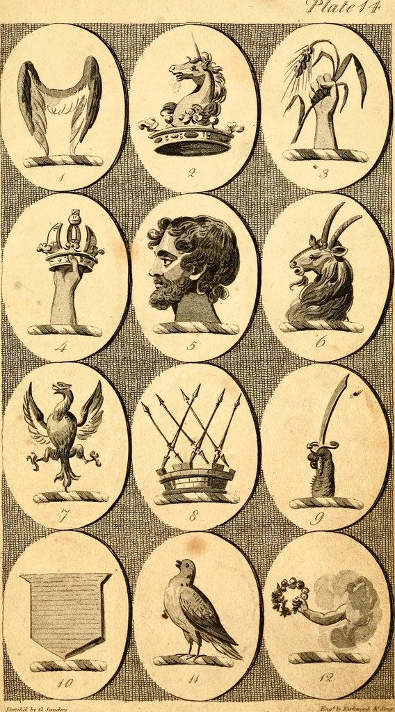 An illustration from British crests : containing the crests and mottos of the families of Great Britain and Ireland; together with those of the principal cities; and a glossary of heraldic terms, 1817, leaf 34
