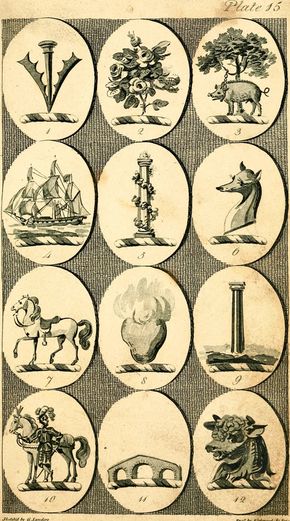 An illustration from British crests : containing the crests and mottos of the families of Great Britain and Ireland; together with those of the principal cities; and a glossary of heraldic terms, 1817, leaf 36