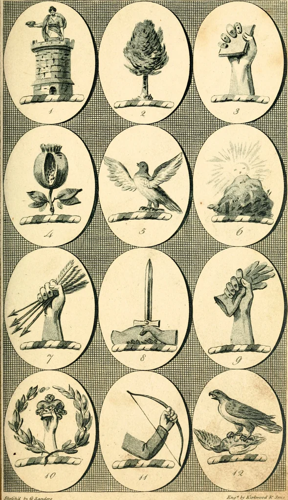 An illustration from British crests : containing the crests and mottos of the families of Great Britain and Ireland; together with those of the principal cities; and a glossary of heraldic terms, 1817, leaf 40