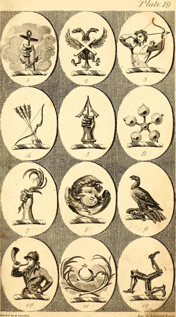 An illustration from British crests : containing the crests and mottos of the families of Great Britain and Ireland; together with those of the principal cities; and a glossary of heraldic terms, 1817, leaf 44