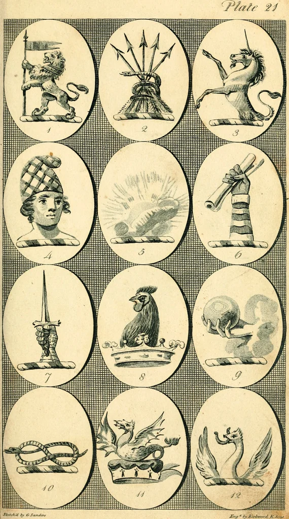 An illustration from British crests : containing the crests and mottos of the families of Great Britain and Ireland; together with those of the principal cities; and a glossary of heraldic terms, 1817, leaf 48