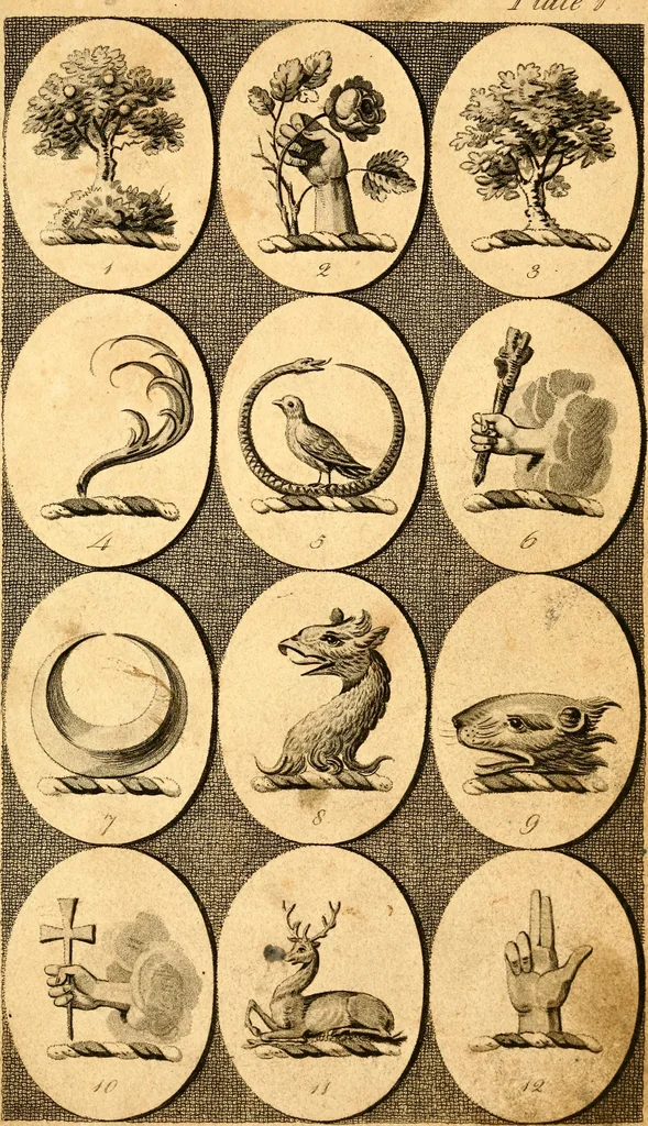 An illustration from British crests : containing the crests and mottos of the families of Great Britain and Ireland; together with those of the principal cities; and a glossary of heraldic terms, 1817, leaf 8