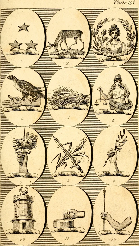 An illustration from British crests : containing the crests and mottos of the families of Great Britain and Ireland; together with those of the principal cities; and a glossary of heraldic terms, 1817, leaf 88