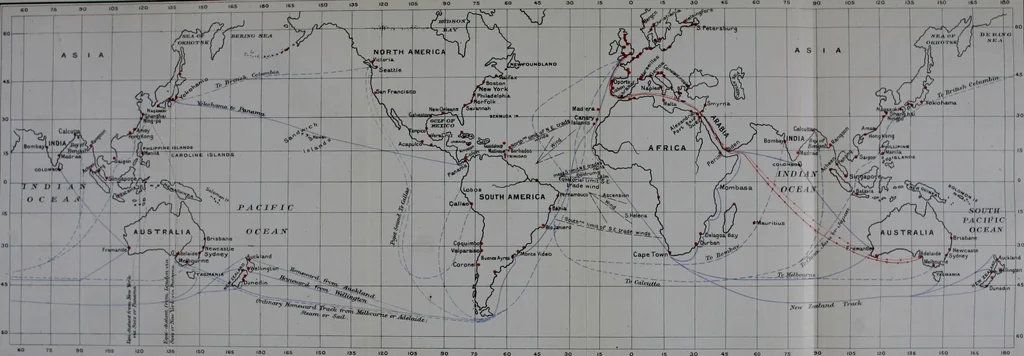 An illustration from British shipping, its history, organization and importance, with a map of main routes and coaling stations, and full appendices, 1914, leaf 7